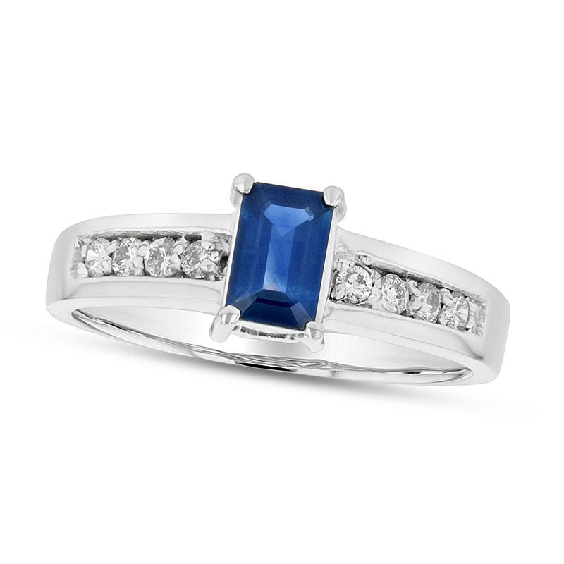 Image of ID 1 Emerald-Cut Blue Sapphire and 017 CT TW Natural Diamond Channel Engagement Ring in Solid 14K White Gold