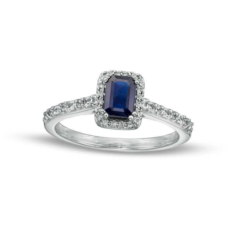 Image of ID 1 Emerald-Cut Blue Sapphire and 020 CT TW Baguette and Round Natural Diamond Frame Alternating Shank Ring in Solid 14K White Gold