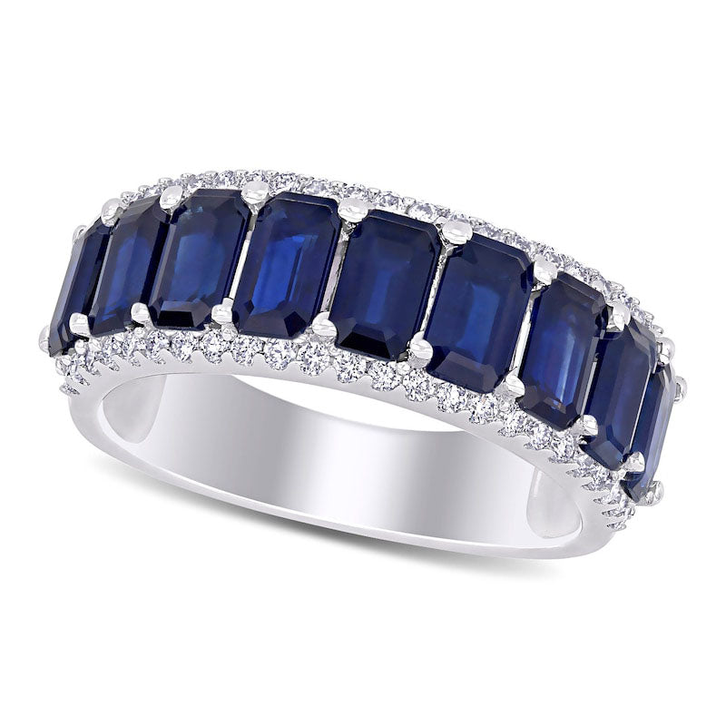 Image of ID 1 Emerald-Cut Blue Sapphire and 025 CT TW Natural Diamond Edge Band in Solid 14K White Gold