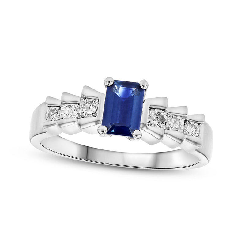 Image of ID 1 Emerald-Cut Blue Sapphire and 025 CT TW Natural Diamond Stepped Shank Ring in Solid 14K White Gold