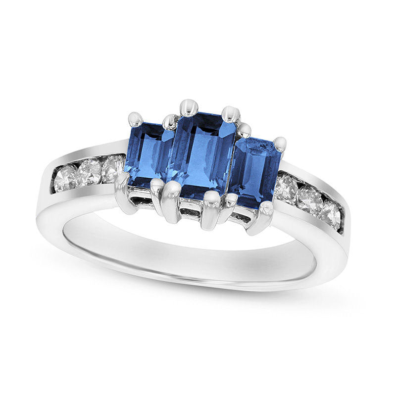 Image of ID 1 Emerald-Cut Blue Sapphire and 033 CT TW Natural Diamond Channel Three Stone Engagement Ring in Solid 14K White Gold