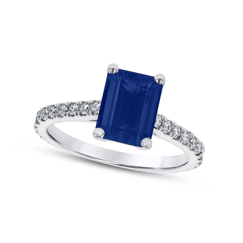 Image of ID 1 Emerald-Cut Blue Sapphire and 033 CT TW Natural Diamond Ring in Solid 14K White Gold