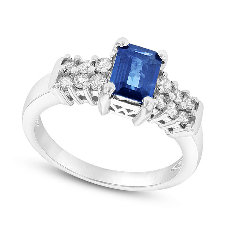 Image of ID 1 Emerald-Cut Blue Sapphire and 038 CT TW Natural Diamond Double Row Ring in Solid 14K White Gold