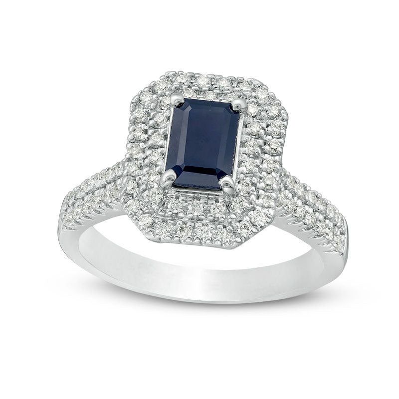 Image of ID 1 Emerald-Cut Blue Sapphire and 050 CT TW Natural Diamond Double Octagonal Frame Engagement Ring in Solid 14K White Gold