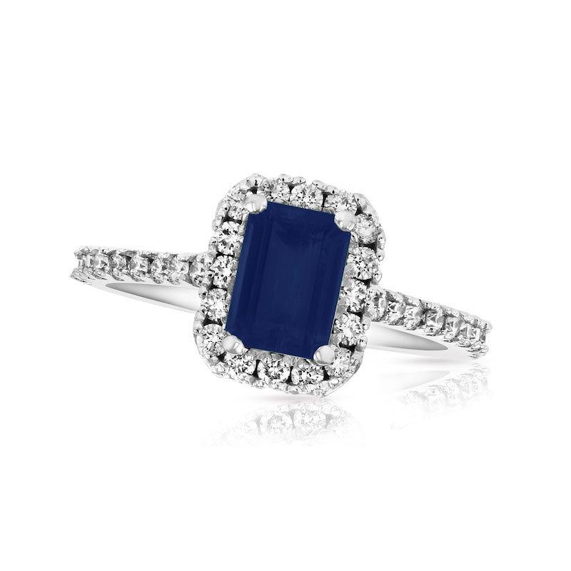 Image of ID 1 Emerald-Cut Blue Sapphire and 050 CT TW Natural Diamond Frame Ring in Solid 14K White Gold