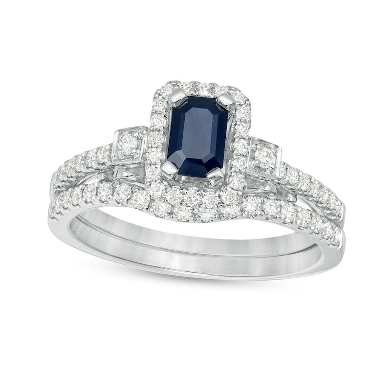 Image of ID 1 Emerald-Cut Blue Sapphire and 050 CT TW Natural Diamond Octagon Frame Bow Tie Bridal Engagement Ring Set in Solid 10K White Gold