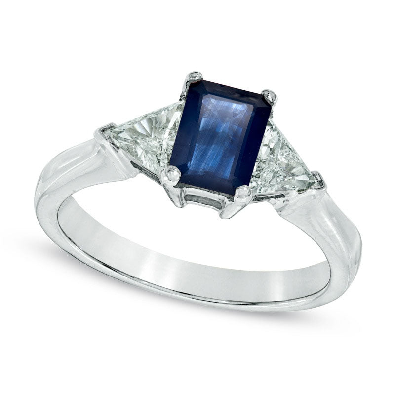 Image of ID 1 Emerald-Cut Blue Sapphire and 050 CT TW Trillion-Cut Natural Diamond Ring in Solid 14K White Gold