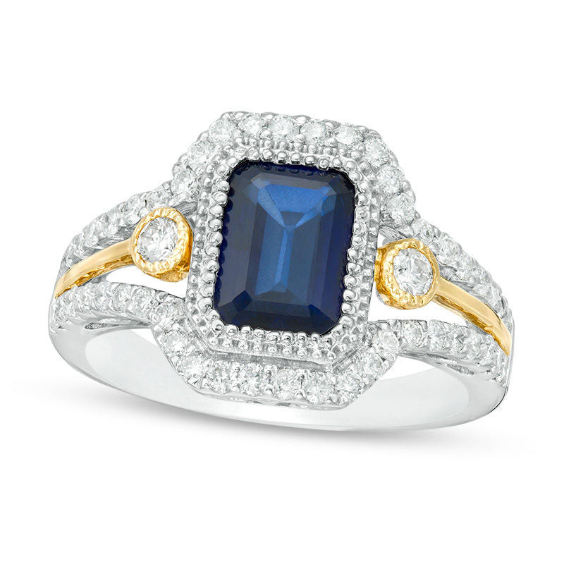 Image of ID 1 Emerald-Cut Blue Sapphire and 063 CT TW Natural Diamond Frame Art Deco Ring in Solid 14K Two-Tone Gold