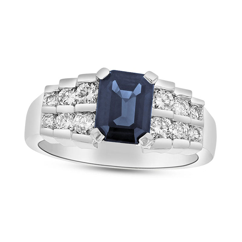 Image of ID 1 Emerald-Cut Blue Sapphire and 063 CT TW Natural Diamond Staggered Double Row Ring in Solid 14K White Gold