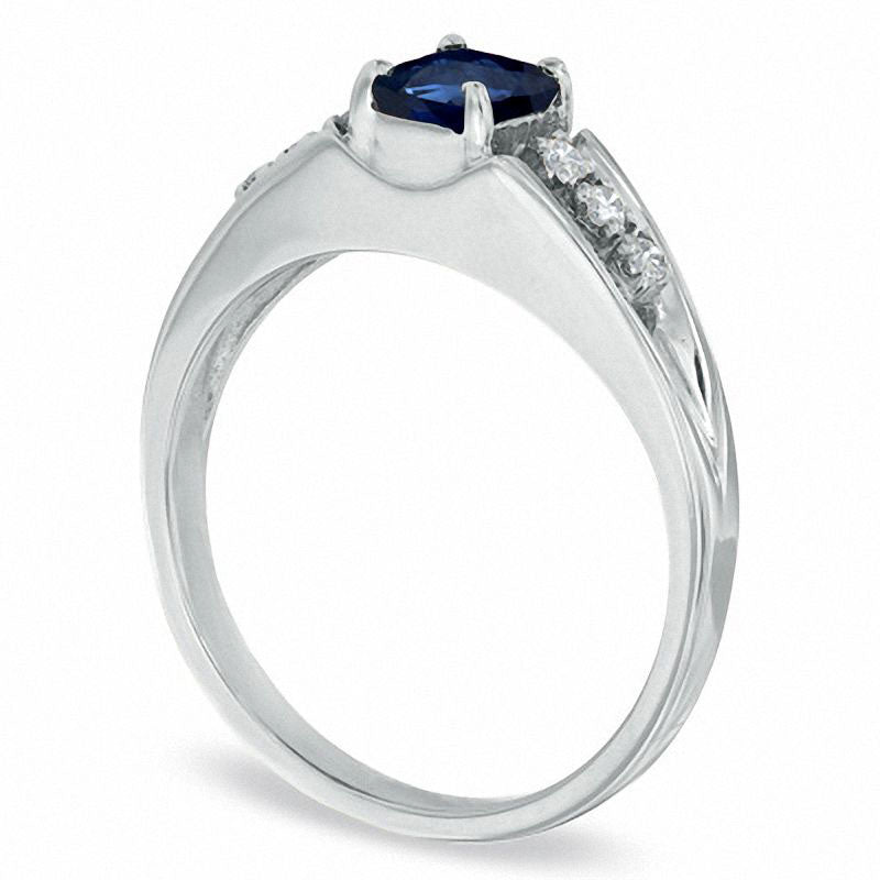 Image of ID 1 Emerald-Cut Blue Sapphire and Natural Diamond Accent Engagement Ring in Solid 14K White Gold