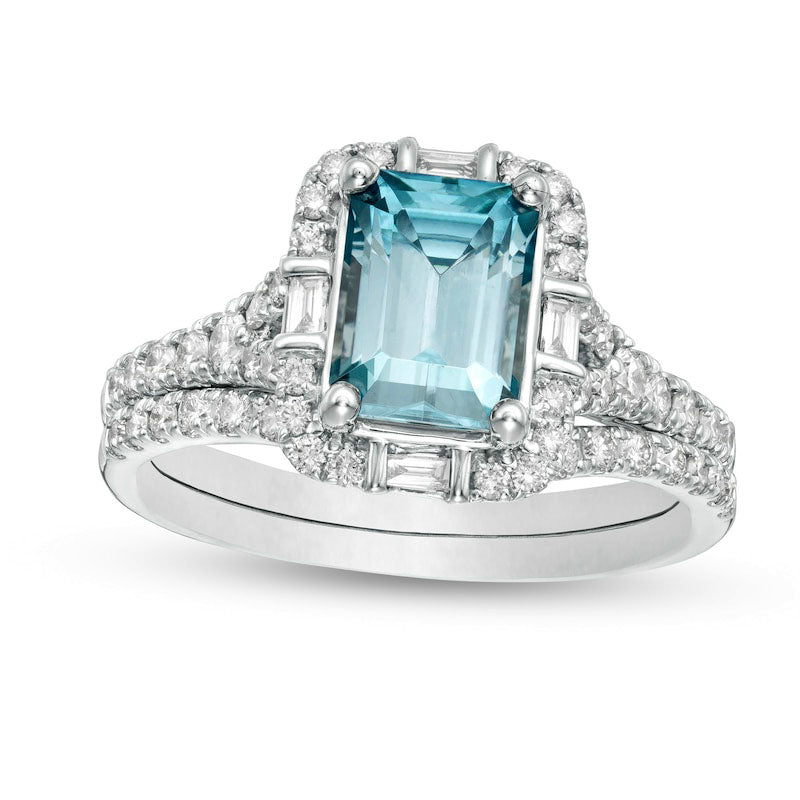 Image of ID 1 Emerald-Cut Blue Zircon and 075 CT TW Natural Diamond Frame Bridal Engagement Ring Set in Solid 10K White Gold