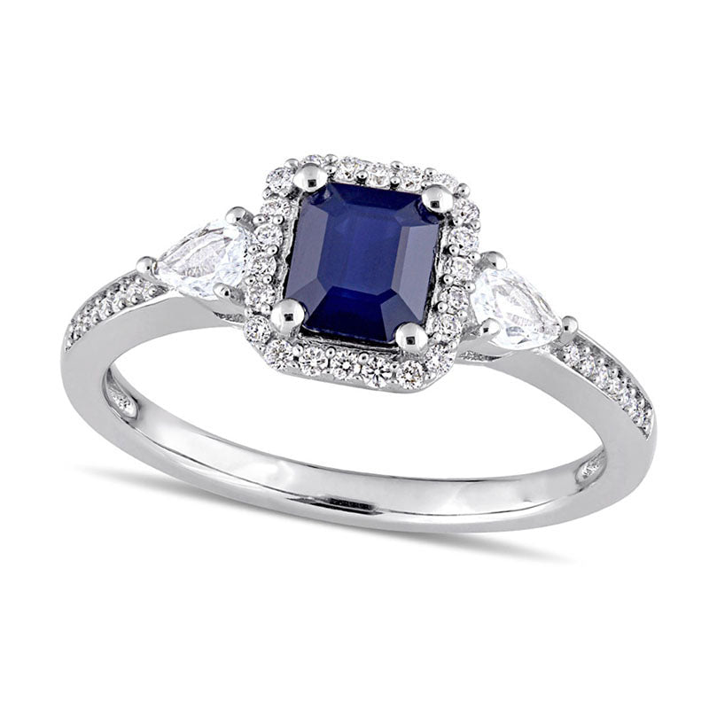 Image of ID 1 Emerald-Cut Blue and White Sapphire and 017 CT TW Natural Diamond Frame Three Stone Engagement Ring in Solid 14K White Gold