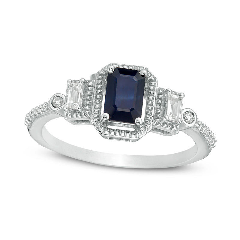 Image of ID 1 Emerald-Cut Blue and White Sapphire with 005 CT TW Natural Diamond Bead Frame Three Stone Art Deco Ring in Solid 10K White Gold