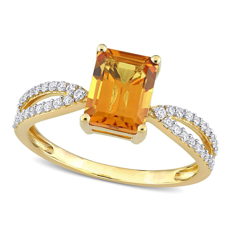 Image of ID 1 Emerald-Cut Citrine and 020 CT TW Natural Diamond Tapered Split Shank Ring in Solid 14K Gold