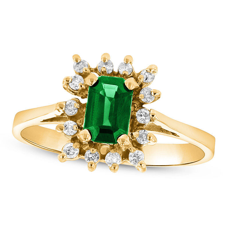 Image of ID 1 Emerald-Cut Emerald and 013 CT TW Natural Diamond Starburst Frame Ring in Solid 14K Gold
