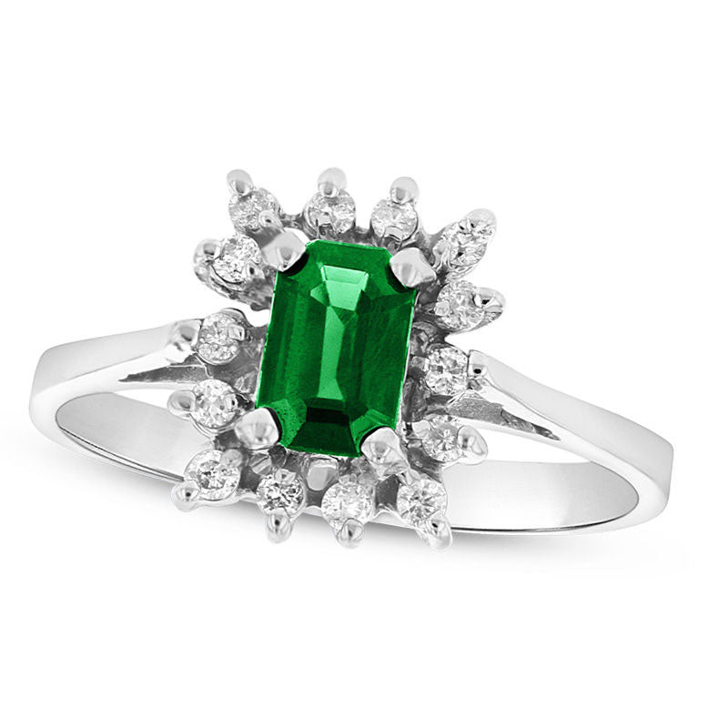 Image of ID 1 Emerald-Cut Emerald and 013 CT TW Natural Diamond Starburst Frame Ring in Solid 14K White Gold