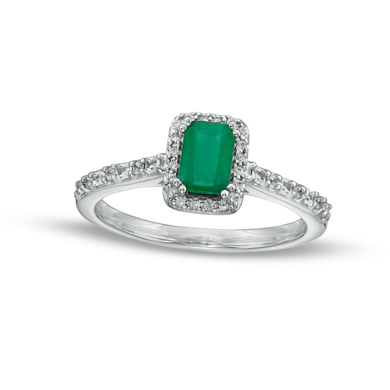 Image of ID 1 Emerald-Cut Emerald and 020 CT TW Baguette and Round Natural Diamond Frame Alternating Shank Ring in Solid 14K White Gold
