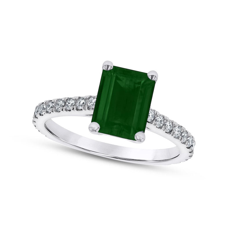 Image of ID 1 Emerald-Cut Emerald and 033 CT TW Natural Diamond Ring in Solid 14K White Gold
