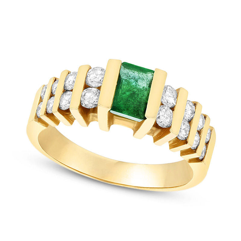 Image of ID 1 Emerald-Cut Emerald and 050 CT TW Natural Diamond Double Row Stepped Shank Ring in Solid 14K Gold