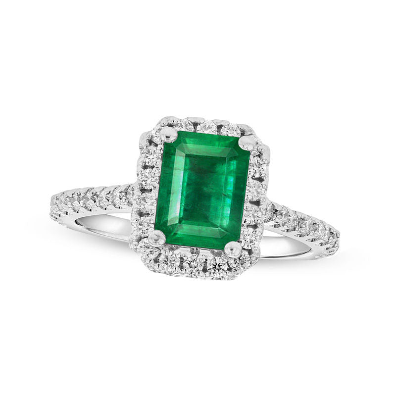 Image of ID 1 Emerald-Cut Emerald and 050 CT TW Natural Diamond Frame Engagement Ring in Solid 14K White Gold