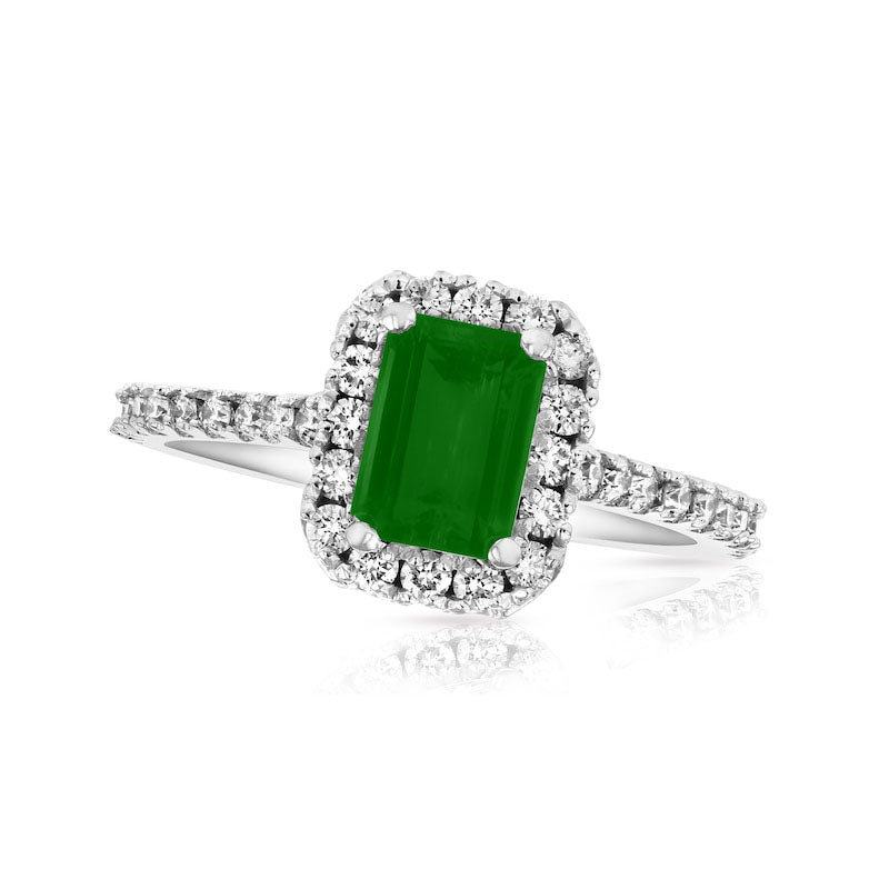 Image of ID 1 Emerald-Cut Emerald and 050 CT TW Natural Diamond Frame Ring in Solid 14K White Gold