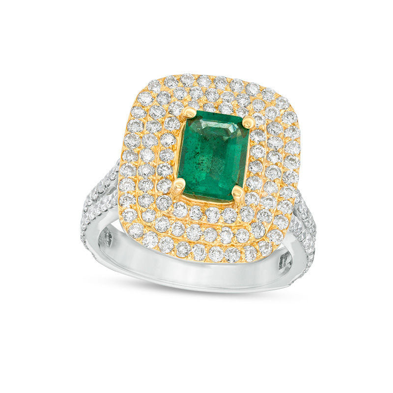 Image of ID 1 Emerald-Cut Emerald and 175 CT TW Natural Diamond Triple Frame Split Shank Ring in Solid 14K Two-Tone Gold