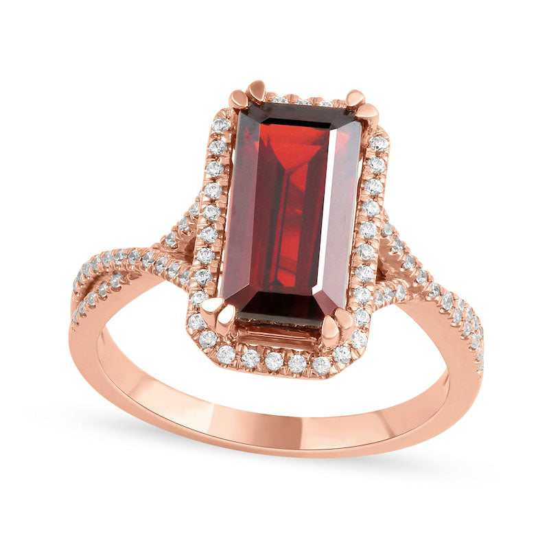 Image of ID 1 Emerald-Cut Garnet and 025 CT TW Natural Diamond Octagonal Frame Crossover Shank Ring in Solid 10K Rose Gold