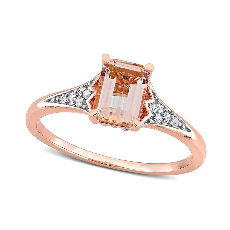 Image of ID 1 Emerald-Cut Morganite and 010 CT TW Natural Diamond Floral Shank Ring in Solid 10K Rose Gold