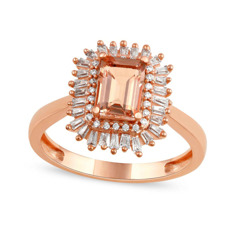 Image of ID 1 Emerald-Cut Morganite and 025 CT TW Baguette and Round Natural Diamond Double Frame Ring in Solid 10K Rose Gold