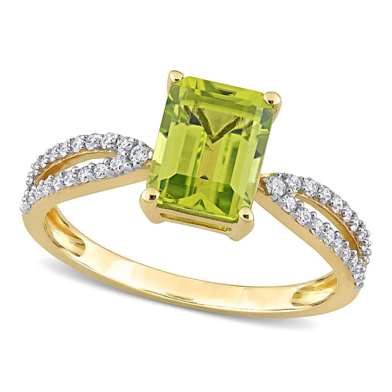 Image of ID 1 Emerald-Cut Peridot and 020 CT TW Natural Diamond Tapered Split Shank Ring in Solid 14K Gold