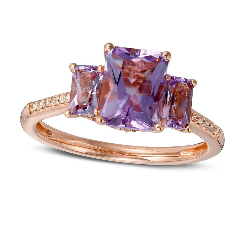 Image of ID 1 Emerald-Cut Pink Quartz and 017 CT TW Natural Diamond Three Stone Ring in Solid 14K Rose Gold - Size 7