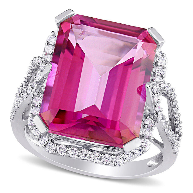 Image of ID 1 Emerald-Cut Pink Topaz and 050 CT TW Natural Diamond Octagonal Frame Open Leaf Shank Ring in Solid 14K White Gold