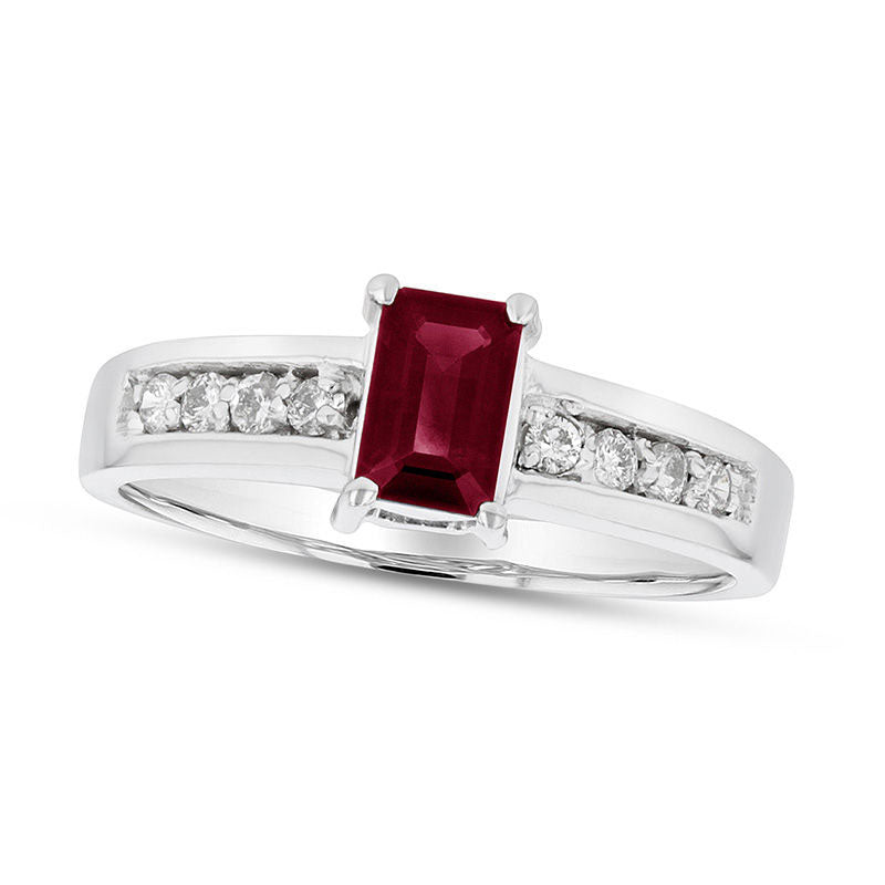 Image of ID 1 Emerald-Cut Ruby and 017 CT TW Natural Diamond Engagement Ring in Solid 14K White Gold