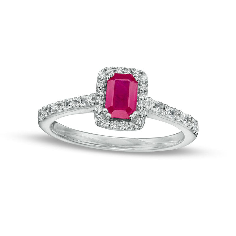 Image of ID 1 Emerald-Cut Ruby and 020 CT TW Baguette and Round Natural Diamond Frame Alternating Shank Ring in Solid 14K White Gold