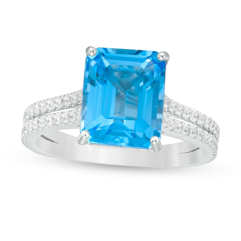 Image of ID 1 Emerald-Cut Swiss Blue Topaz and 033 CT TW Natural Diamond Double Row Engagement Ring in Solid 14K White Gold
