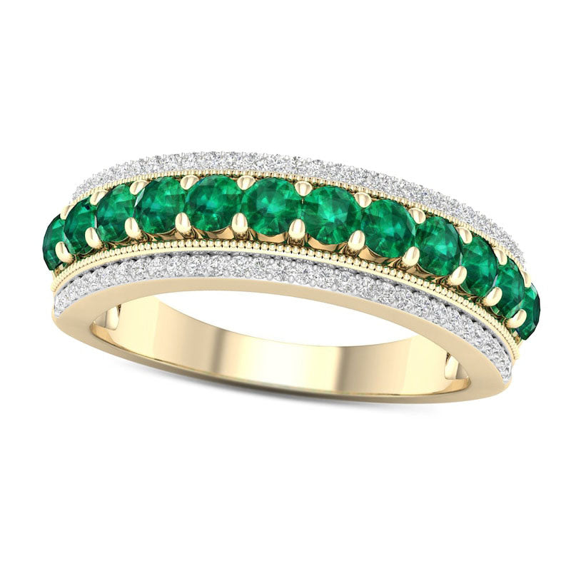 Image of ID 1 Emerald and 017 CT TW Natural Diamond Border Triple Row Antique Vintage-Style Ring in Solid 10K Yellow Gold