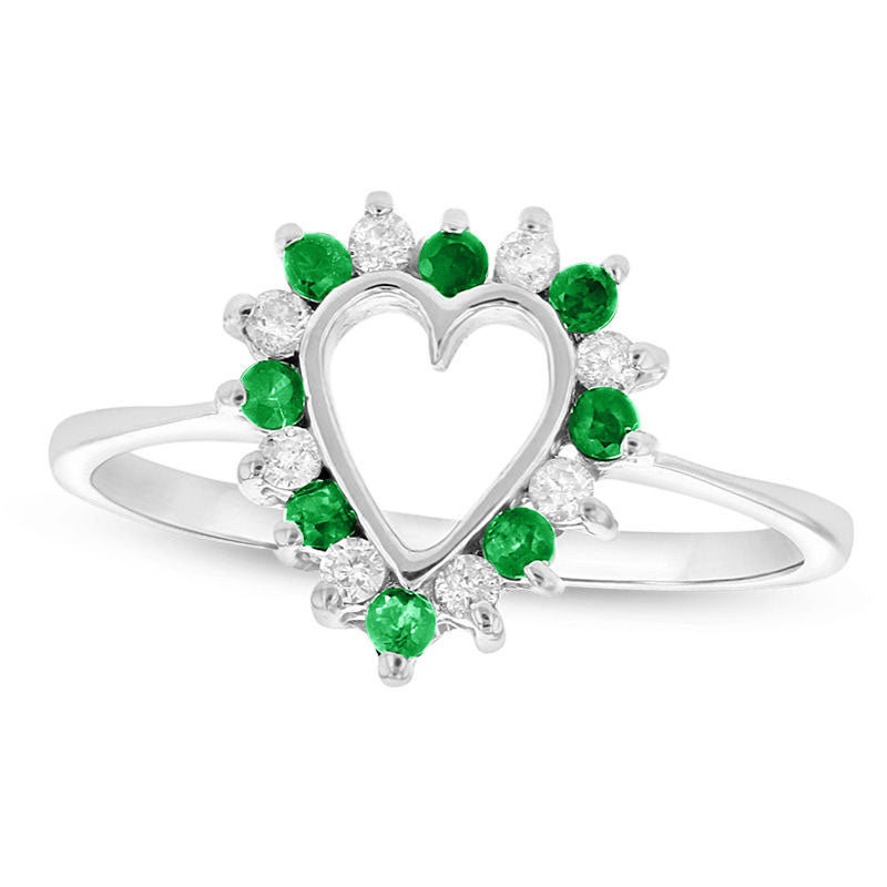 Image of ID 1 Emerald and 017 CT TW Natural Diamond Heart Outline Ring in Solid 14K White Gold