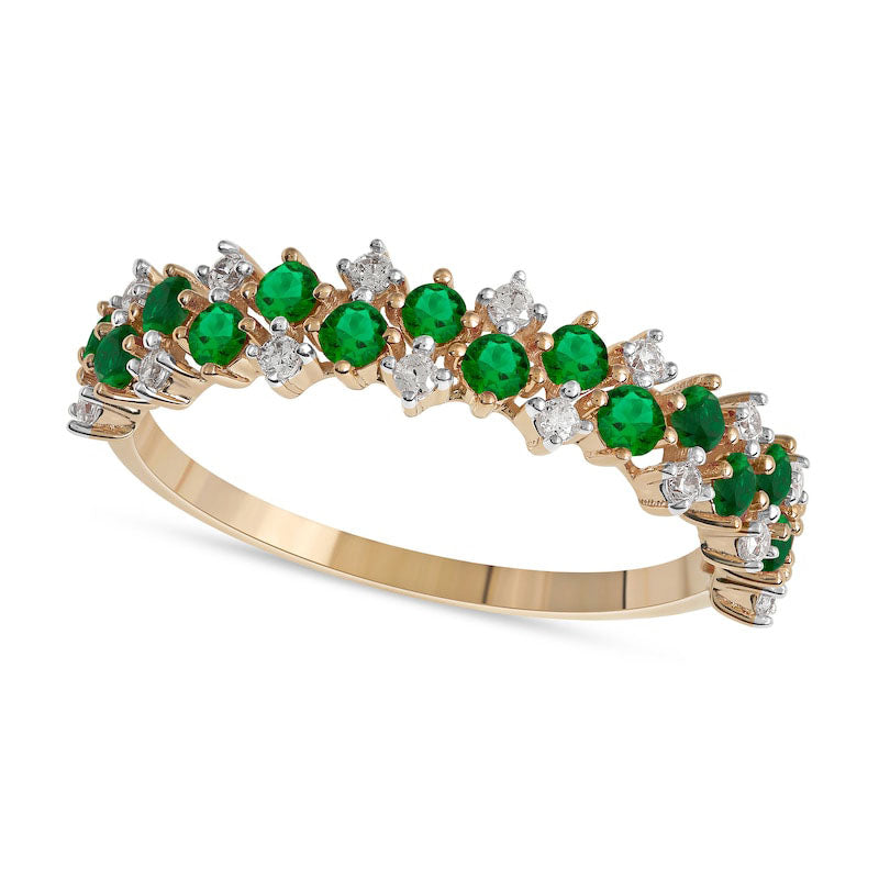 Image of ID 1 Emerald and 017 CT TW Natural Diamond Zig-Zag Double Row Split Shank Ring in Solid 10K Yellow Gold