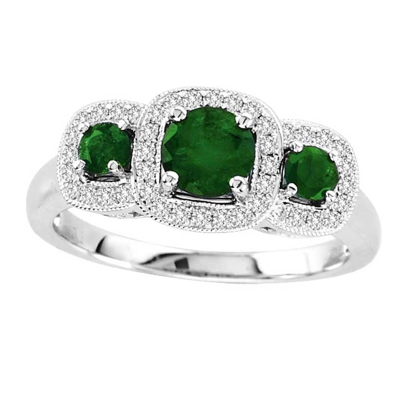 Image of ID 1 Emerald and 020 CT TW Natural Diamond Frame Three Stone Ring in Solid 14K White Gold