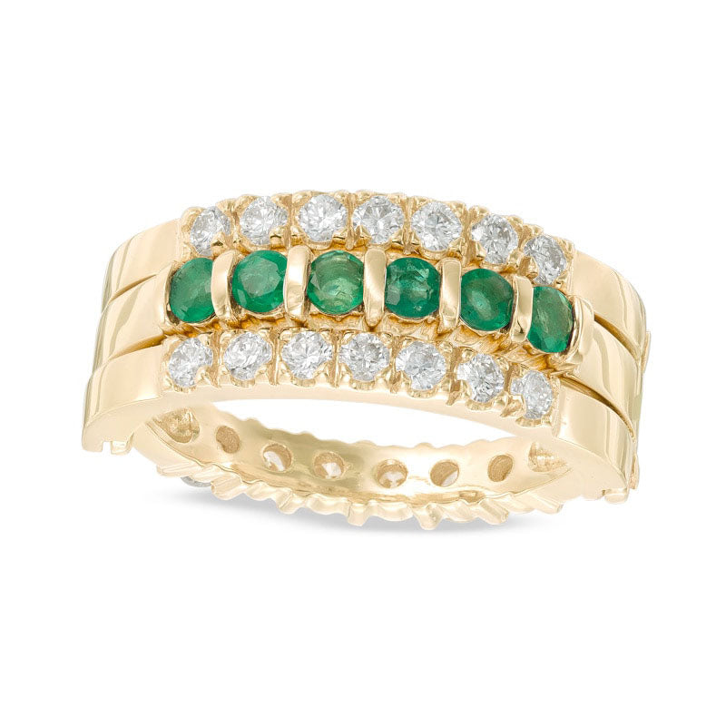 Image of ID 1 Emerald and 063 CT TW Natural Diamond Three Row Reversible Band in Solid 14K Gold