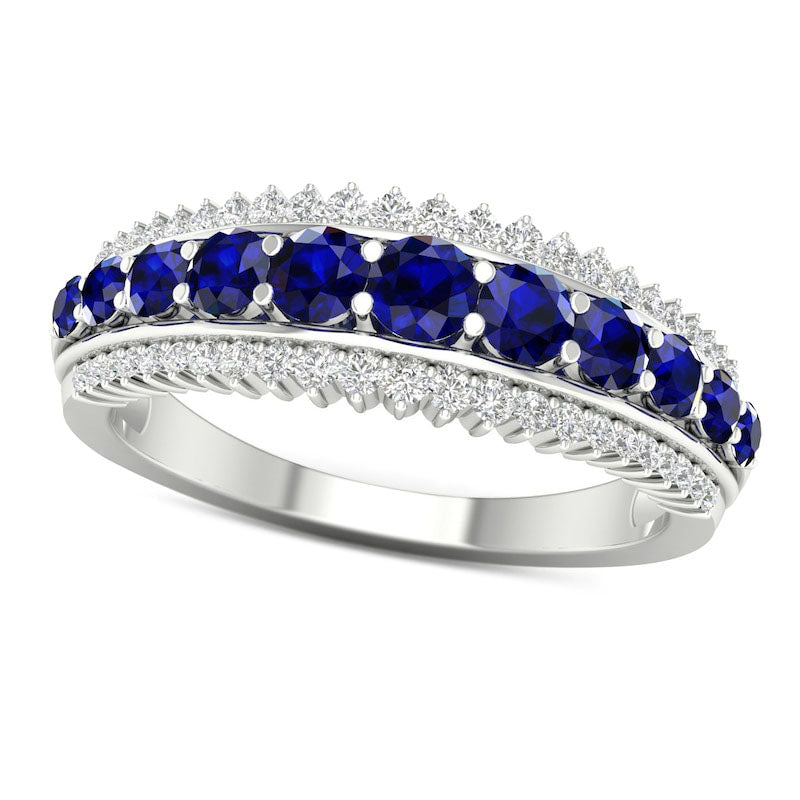 Image of ID 1 Graduated Blue Sapphire and 025 CT TW Natural Diamond Sunburst Border Triple Row Ring in Solid 10K White Gold