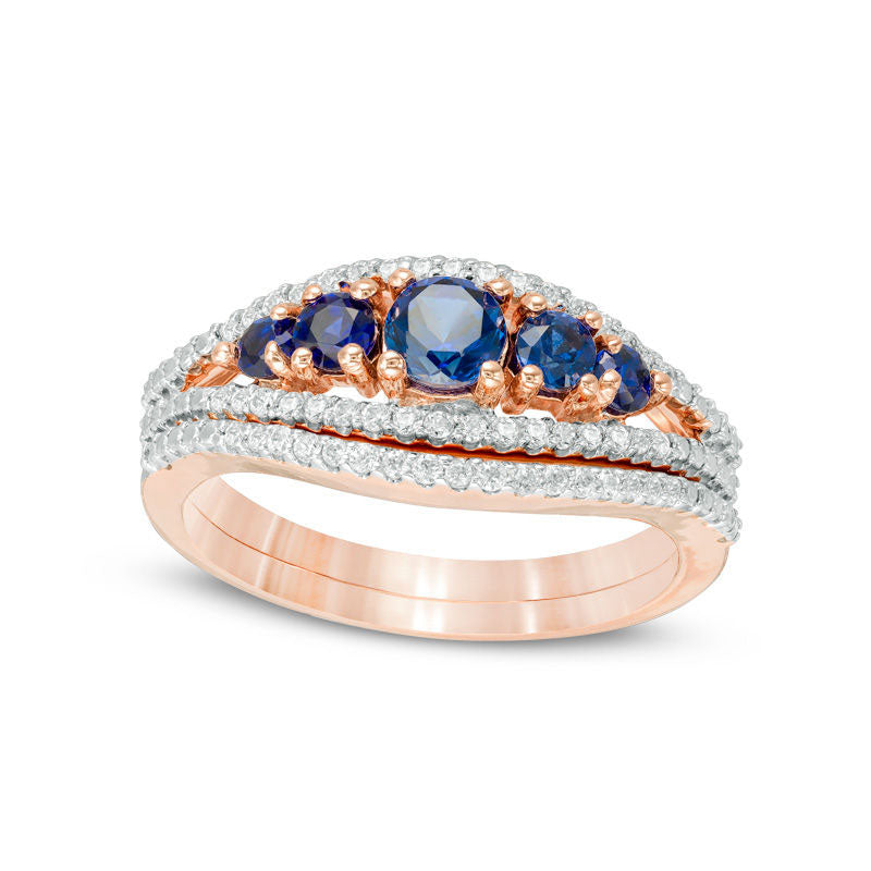 Image of ID 1 Lab-Created Blue Sapphire and 017 CT TW Diamond Five Stone Bridal Engagement Ring Set in Solid 10K Rose Gold