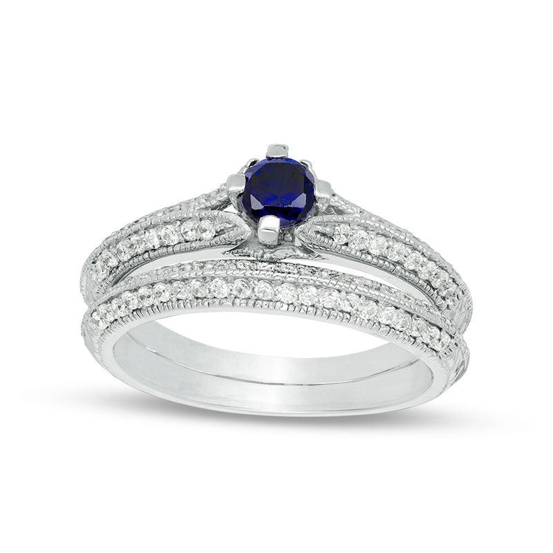 Image of ID 1 Lab-Created Blue Sapphire and 033 CT TW Diamond Antique Vintage-Style Bridal Engagement Ring Set in Solid 10K White Gold