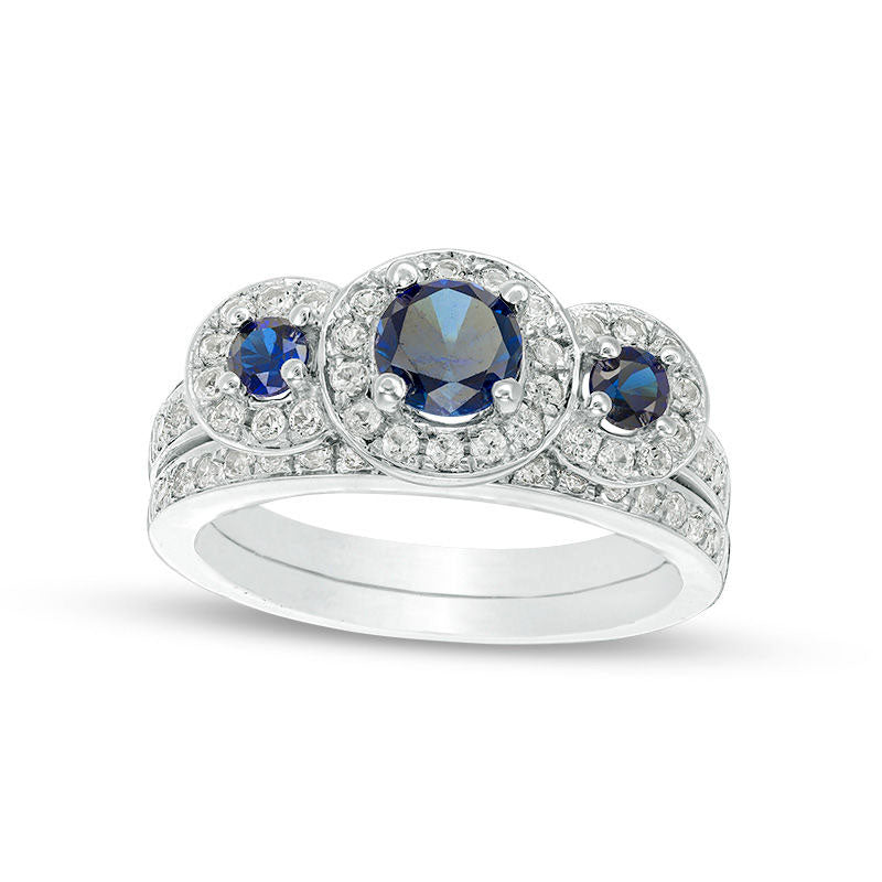 Image of ID 1 Lab-Created Blue and White Sapphire Frame Three Stone Bridal Engagement Ring Set in Solid 10K White Gold