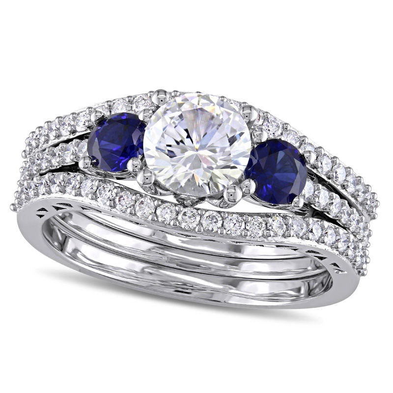 Image of ID 1 Lab-Created Blue and White Sapphire and 050 CT TW Diamond Three Stone Three Piece Bridal Engagement Ring Set in Solid 10K White Gold