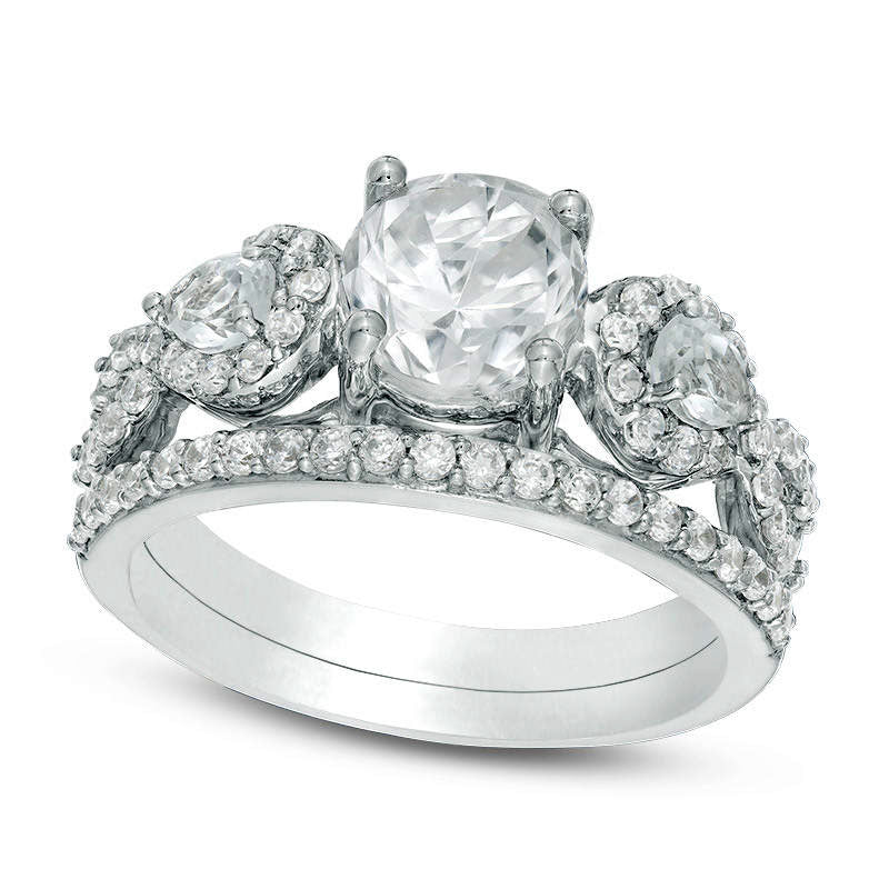 Image of ID 1 Lab-Created White Sapphire and 050 CT TW Diamond Twist Bridal Engagement Ring Set in Solid 10K White Gold