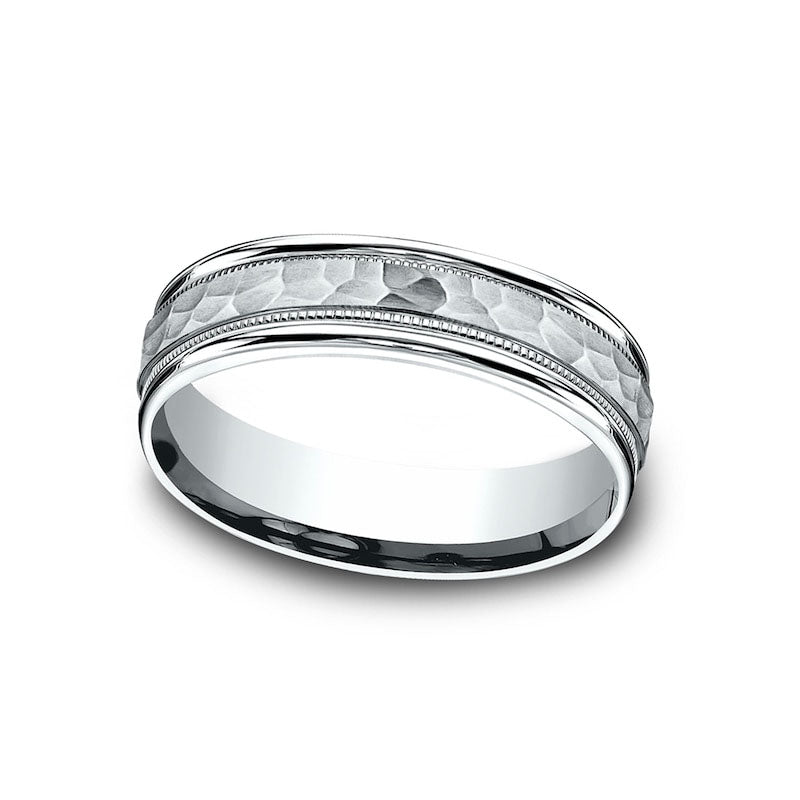 Image of ID 1 Ladies' 60mm Hammered Milgrain Comfort-Fit Wedding Band in Solid 10K White Gold