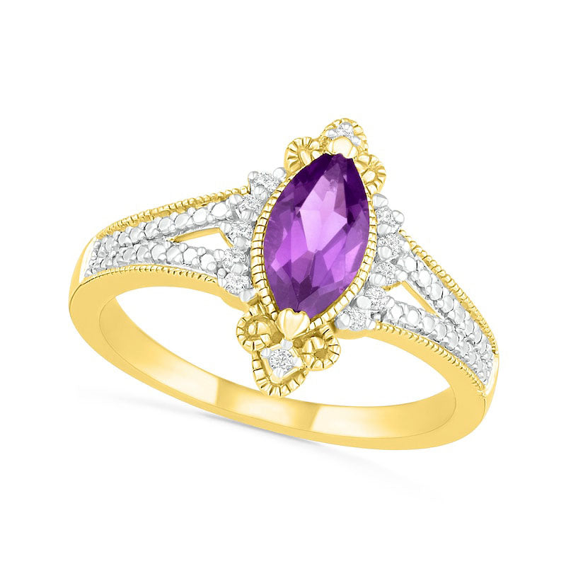 Image of ID 1 Marquise Amethyst and 007 CT TW Natural Diamond Beaded Ornate Frame Split Shank Antique Vintage-Style Ring in Solid 10K Yellow Gold