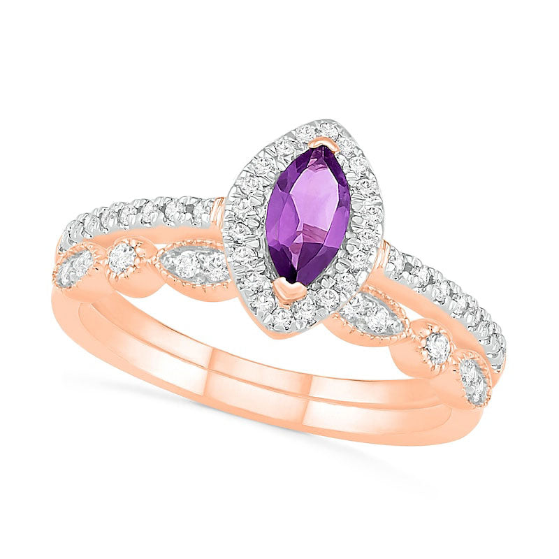 Image of ID 1 Marquise Amethyst and Lab-Created White Sapphire Frame Antique Vintage-Style Bridal Engagement Ring Set in Solid 10K Rose Gold