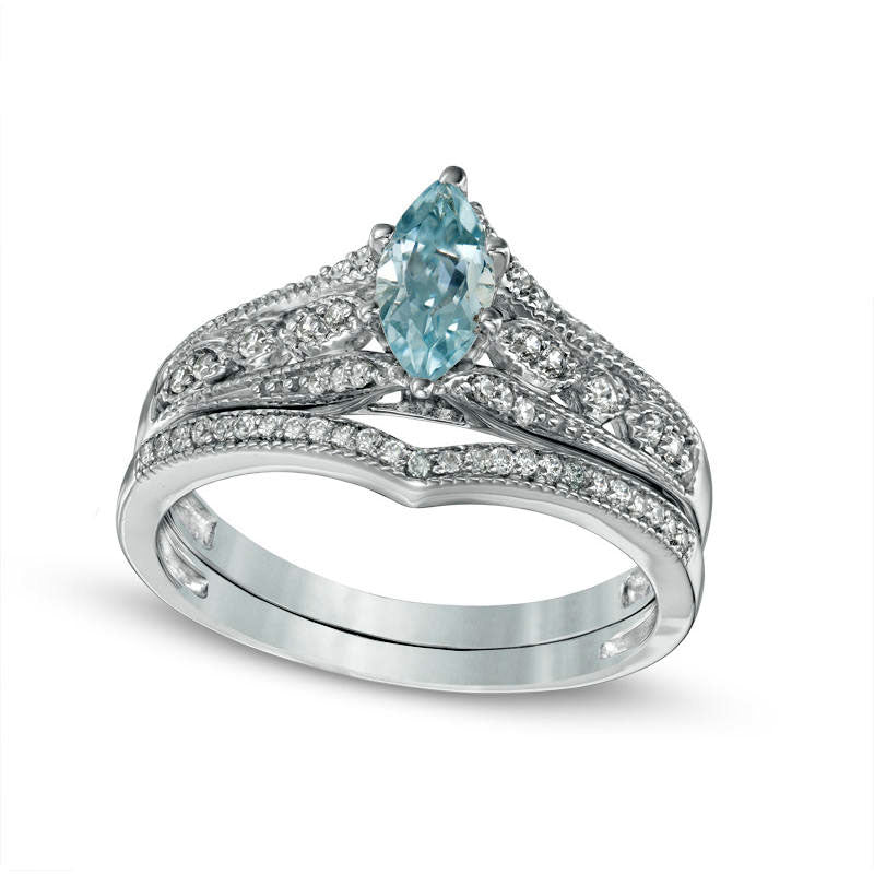 Image of ID 1 Marquise Aquamarine and 020 CT TW Natural Diamond Antique Vintage-Style Bridal Engagement Ring Set in Solid 10K White Gold